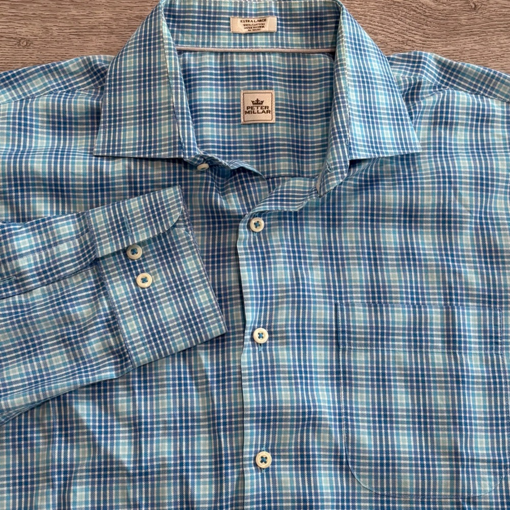 Peter Millar Button Down Mens XL Blue Plaid Cotton Long Sleeve Dress Shirt